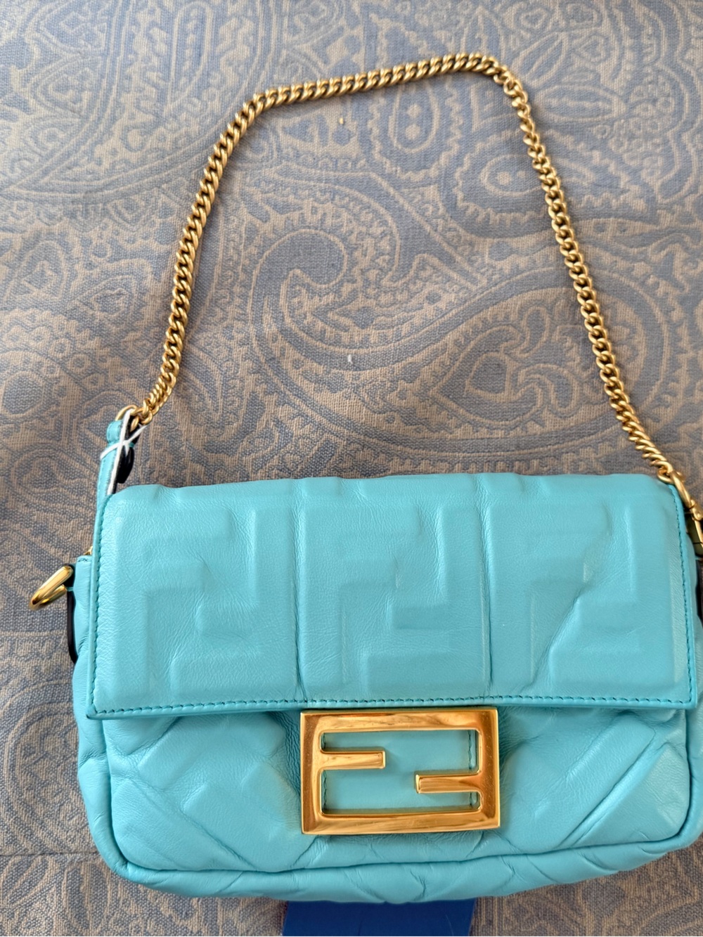 Fendi Light Blue Quilted Leather Clutch with Gold Logo Hardware